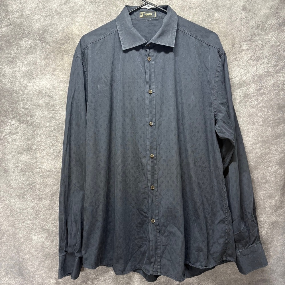 Versace Jacquard Button Up Shirt Mens XL Navy Blue Long Sleeve Made in Italy